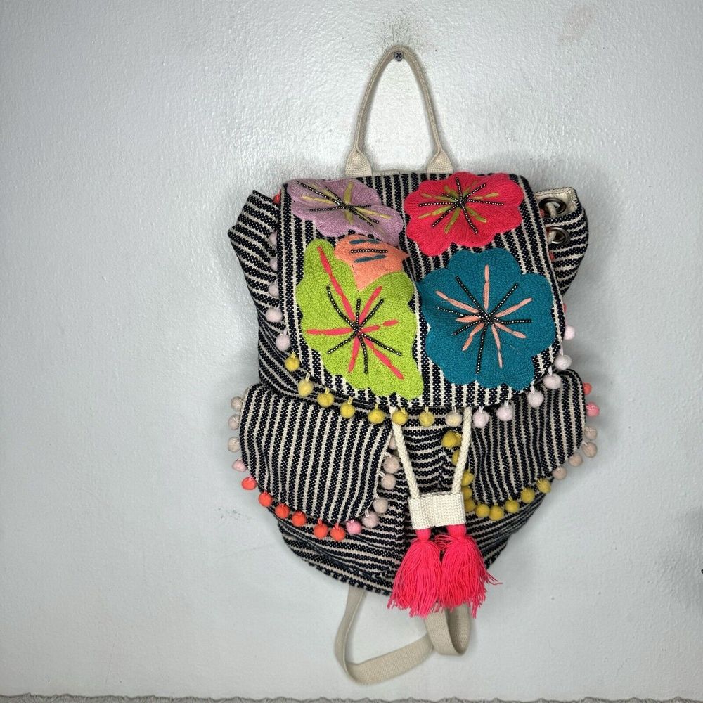 A&B America And Beyond Embroidered Floral Backpack Pom Poms Tassels Neon *Flaw